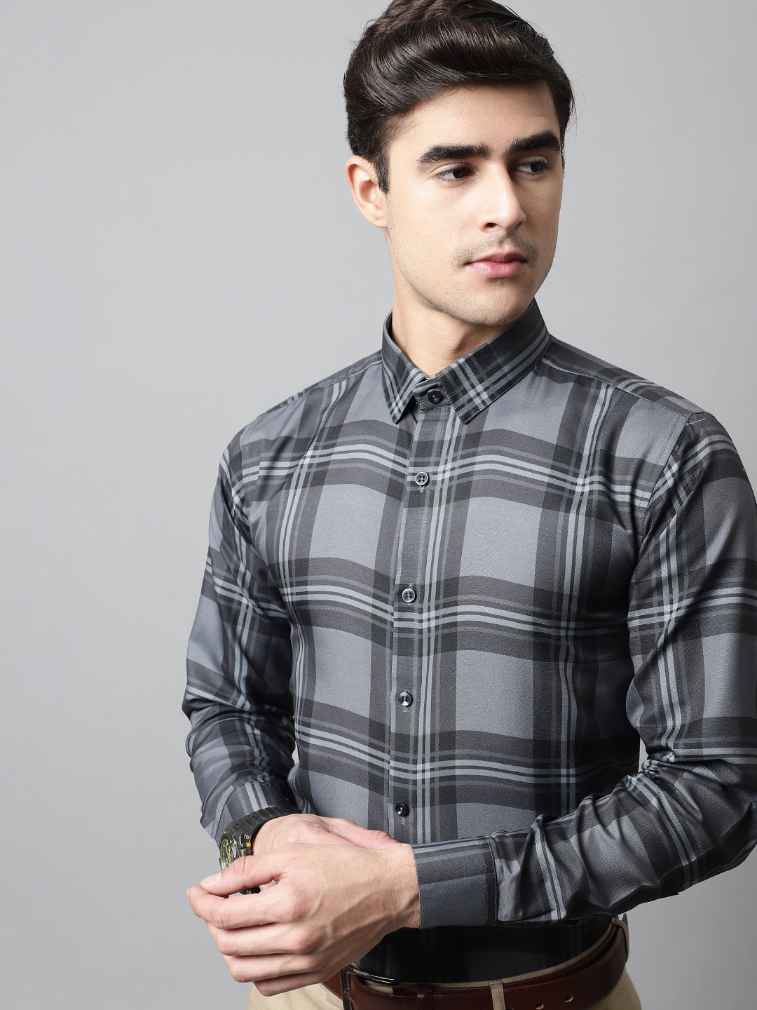 Charcoal Grey Checks Regular Fit Cotton Formal - Charcoal