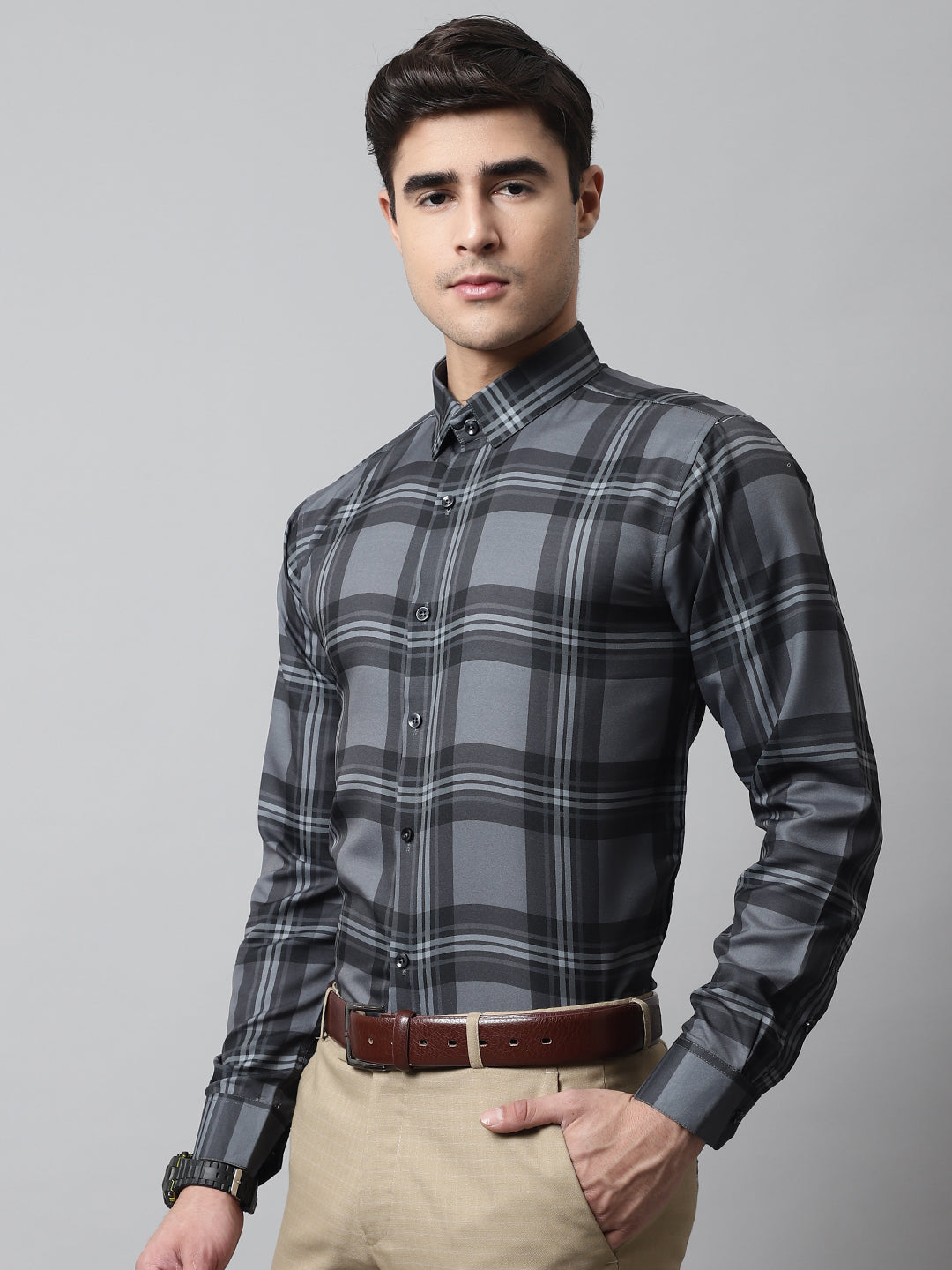 Charcoal Grey Checks Regular Fit Cotton Formal - Charcoal