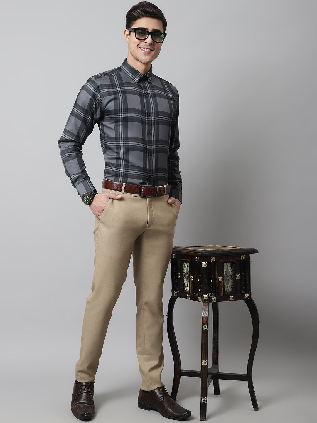 Charcoal Grey Checks Regular Fit Cotton Formal - Charcoal