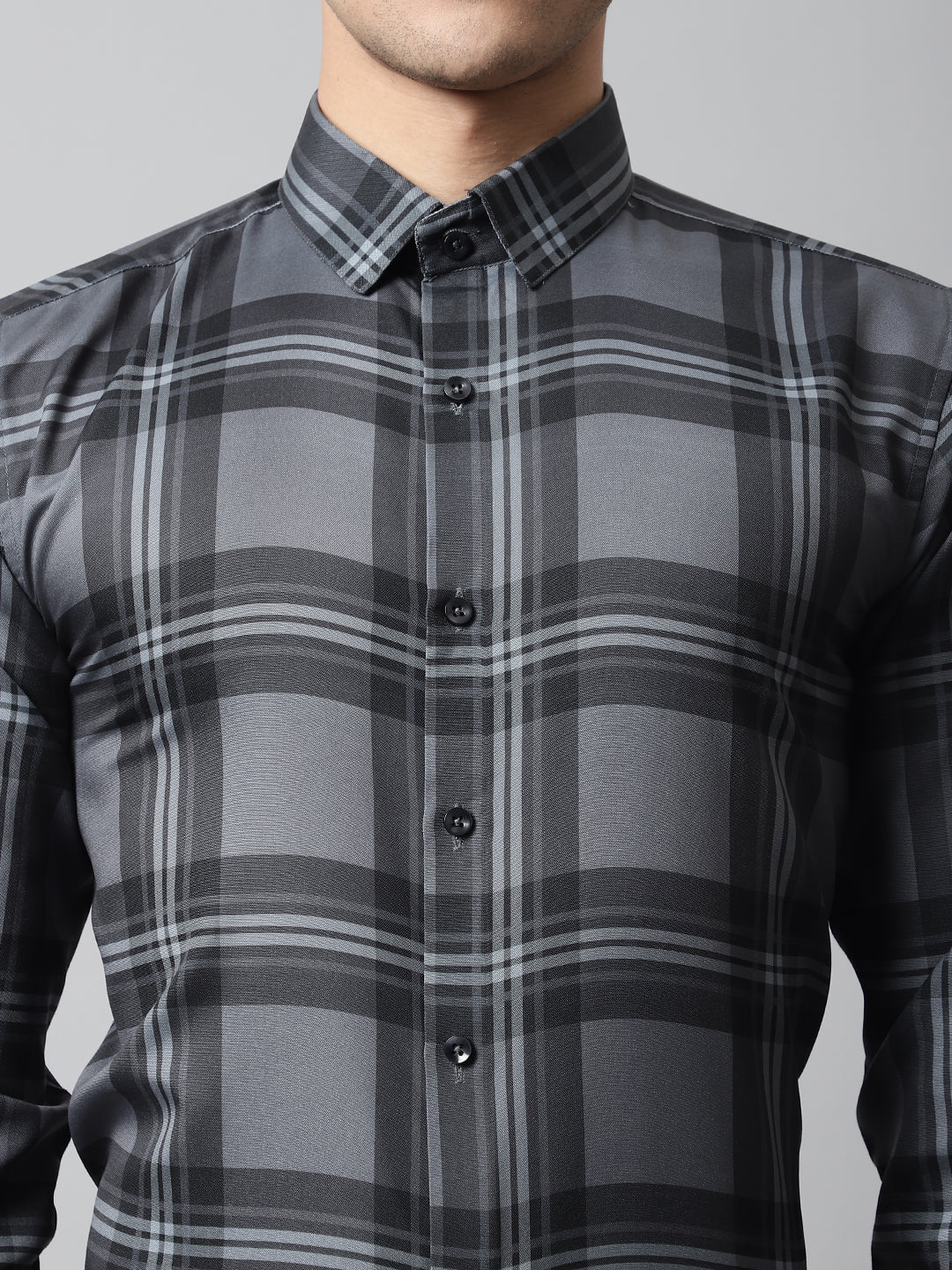 Charcoal Grey Checks Regular Fit Cotton Formal - Charcoal