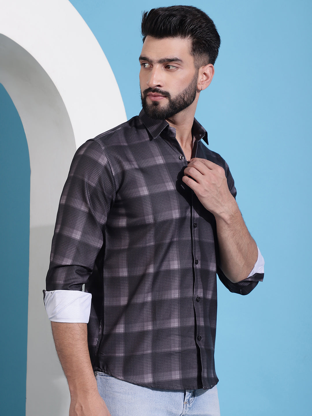 Checked Cotton Casual Shirt - Brown