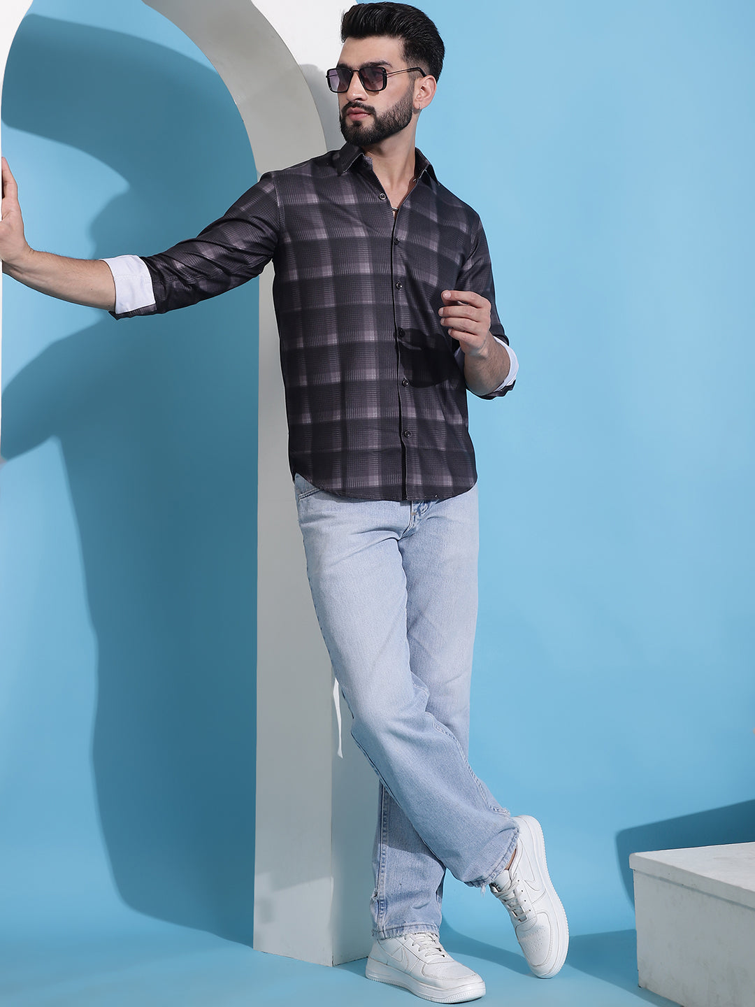 Checked Cotton Casual Shirt - Brown