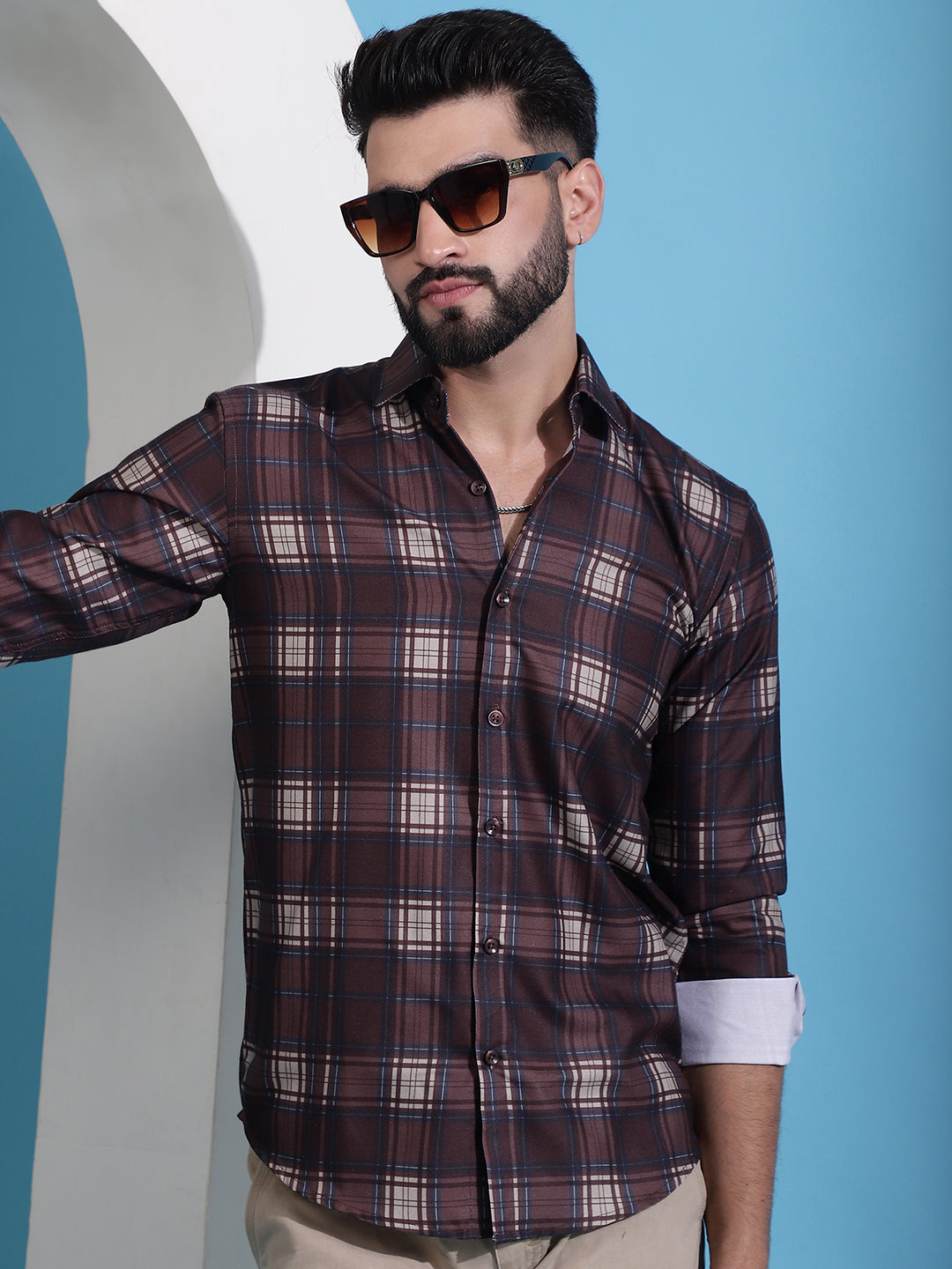 Checked Cotton Casual Shirt - Coffee