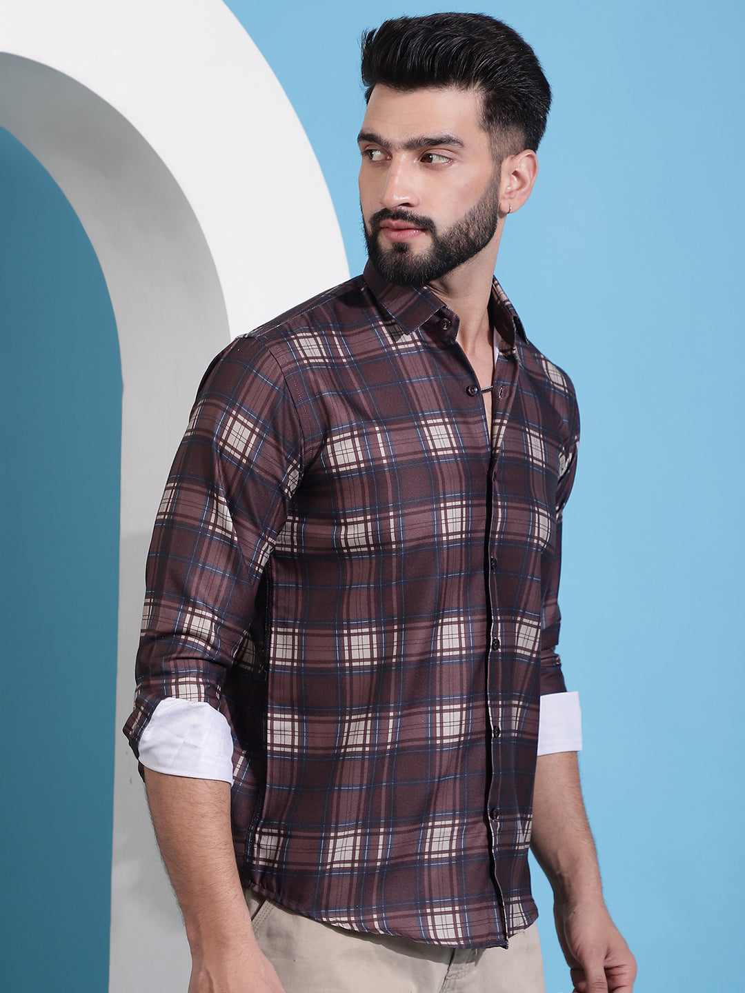 Checked Cotton Casual Shirt - Coffee
