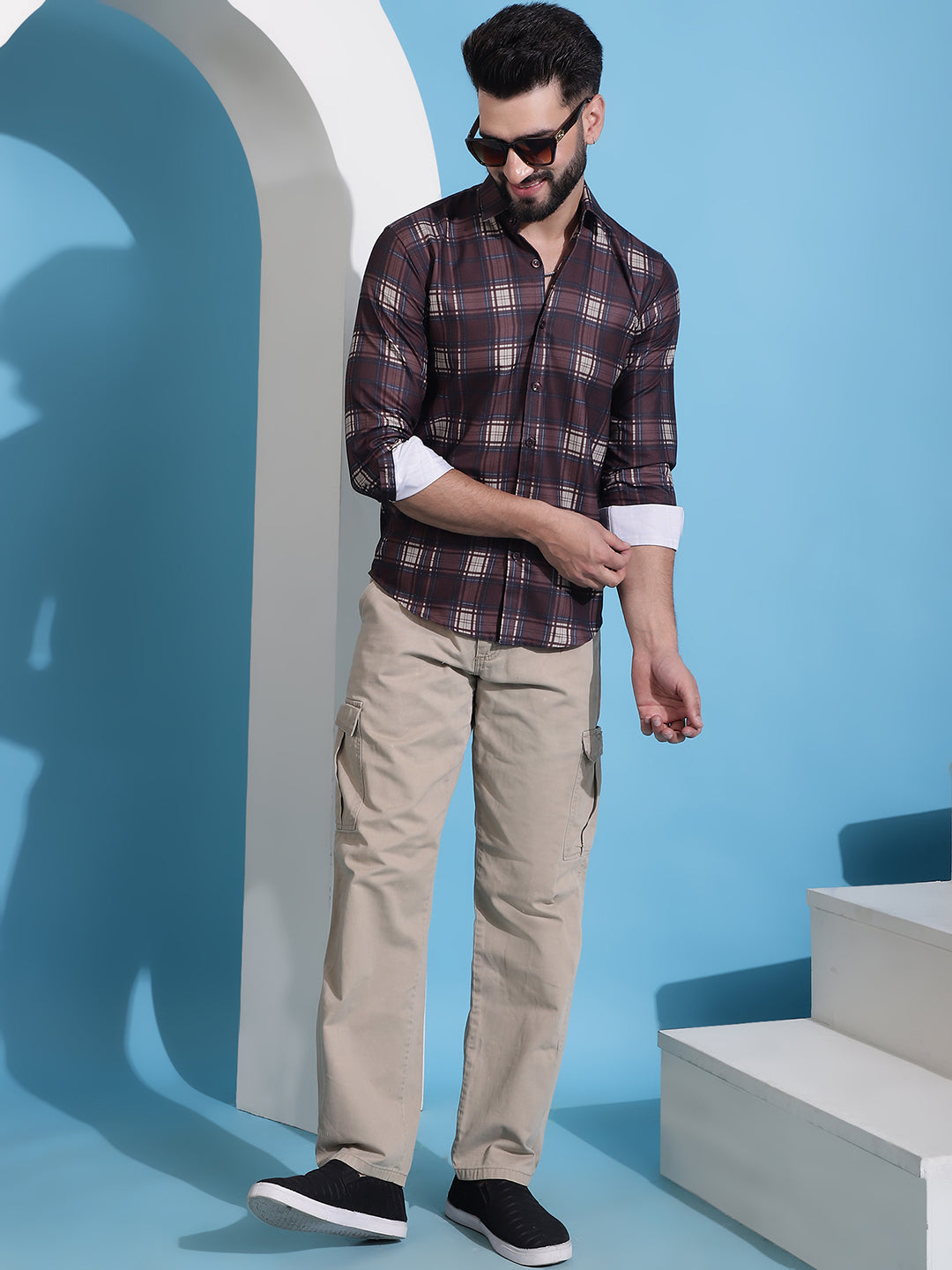 Checked Cotton Casual Shirt - Coffee