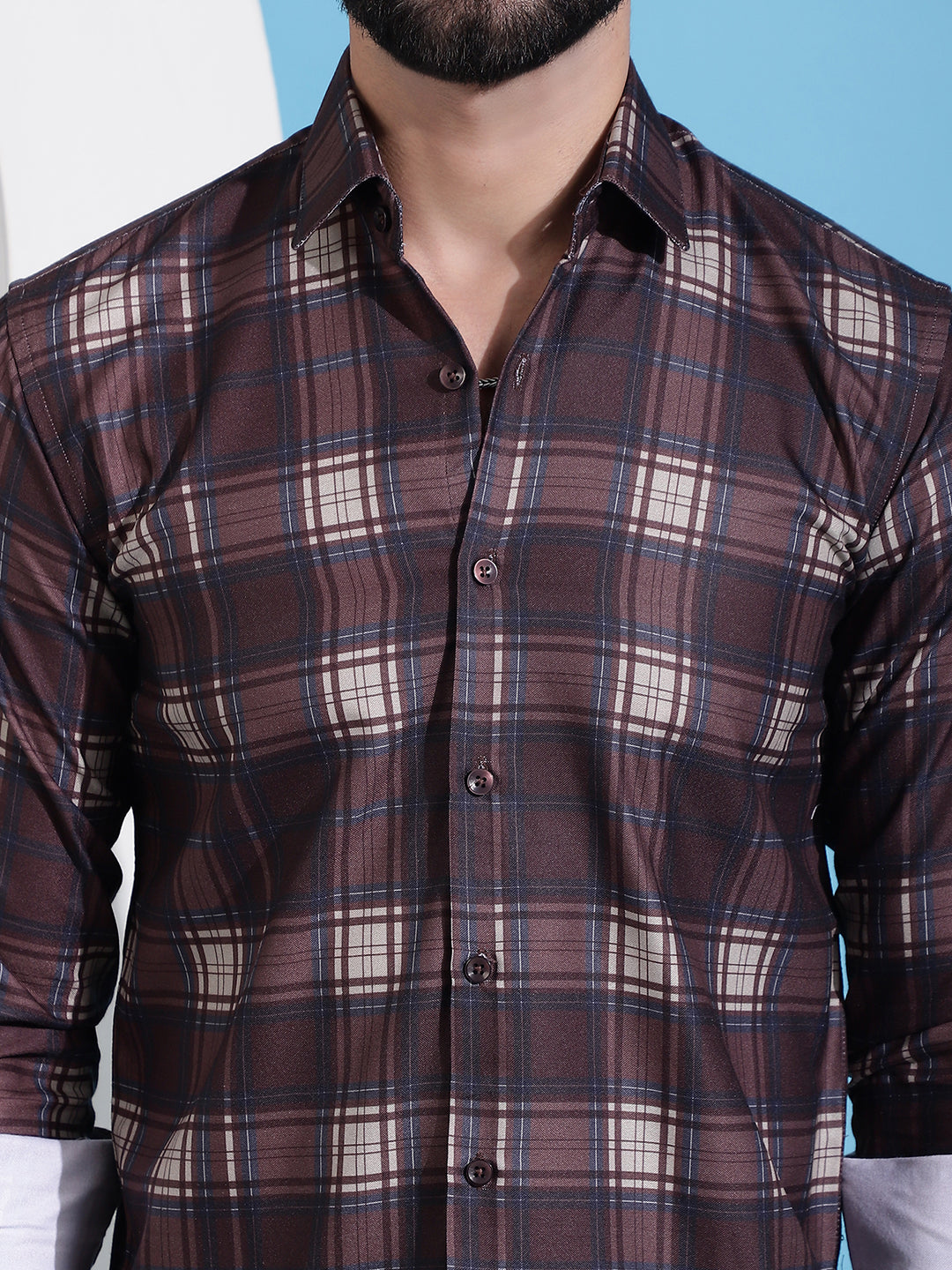 Checked Cotton Casual Shirt - Coffee