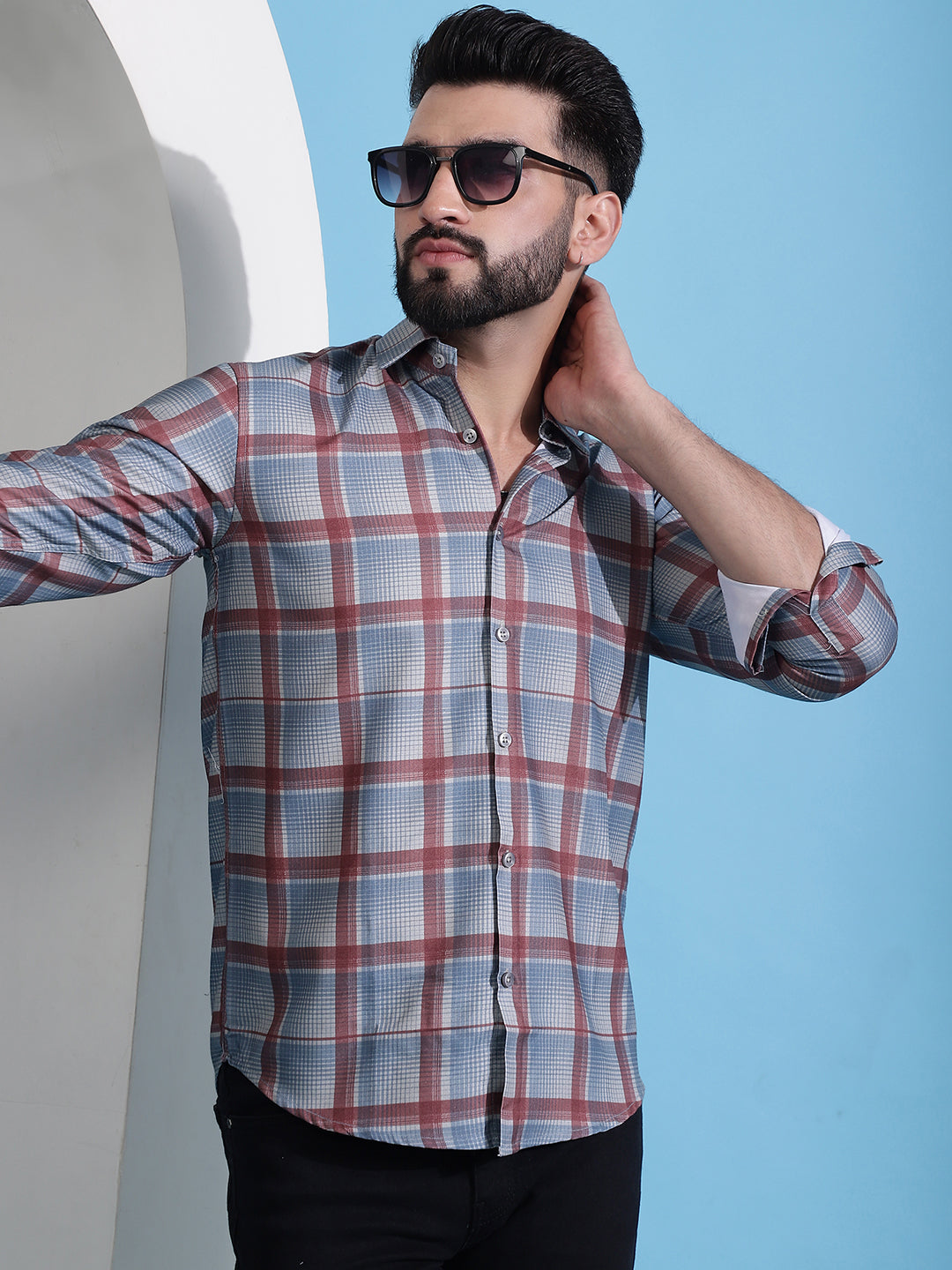 Checked Cotton Casual Shirt - Grey