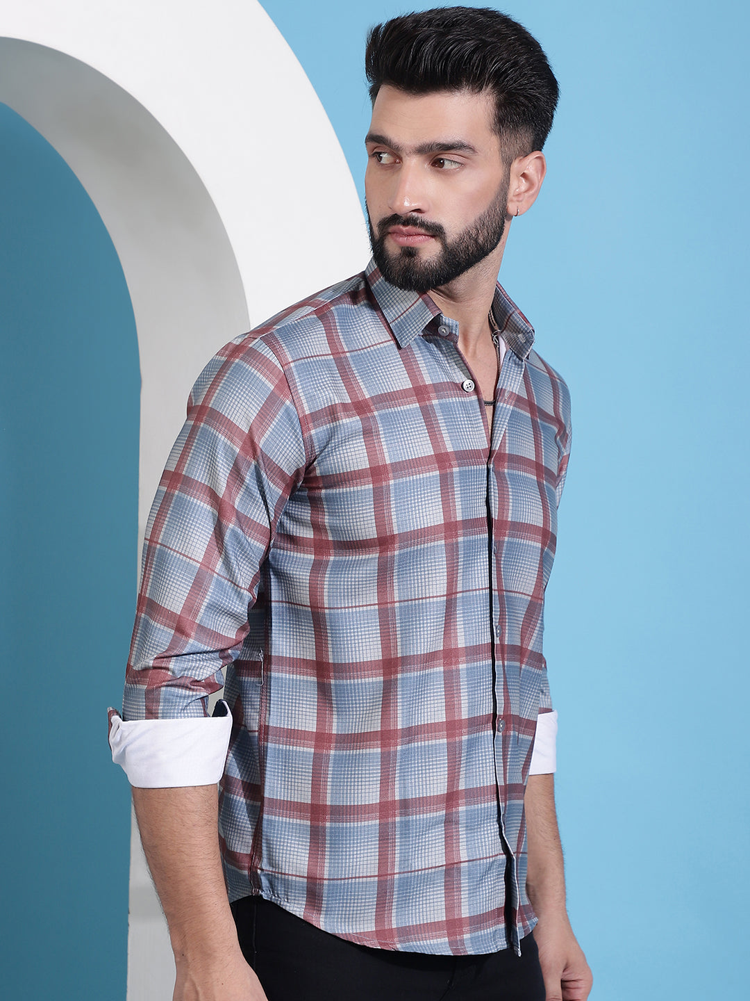 Checked Cotton Casual Shirt - Grey
